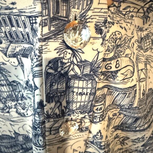 Navy Blue and White Toile Shirt Dress with Lace Hem - Picture 3 of 5